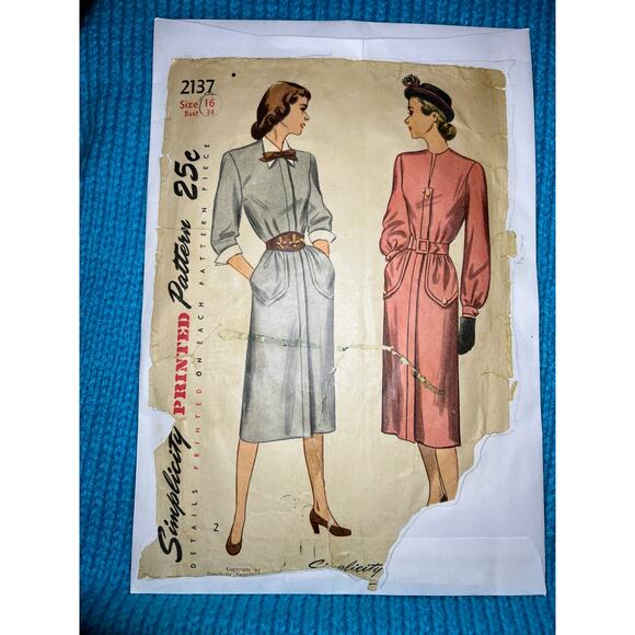 Simplicity 2137 pattern shirt dress pockets 1950s size 16 - Picture 1 of 7